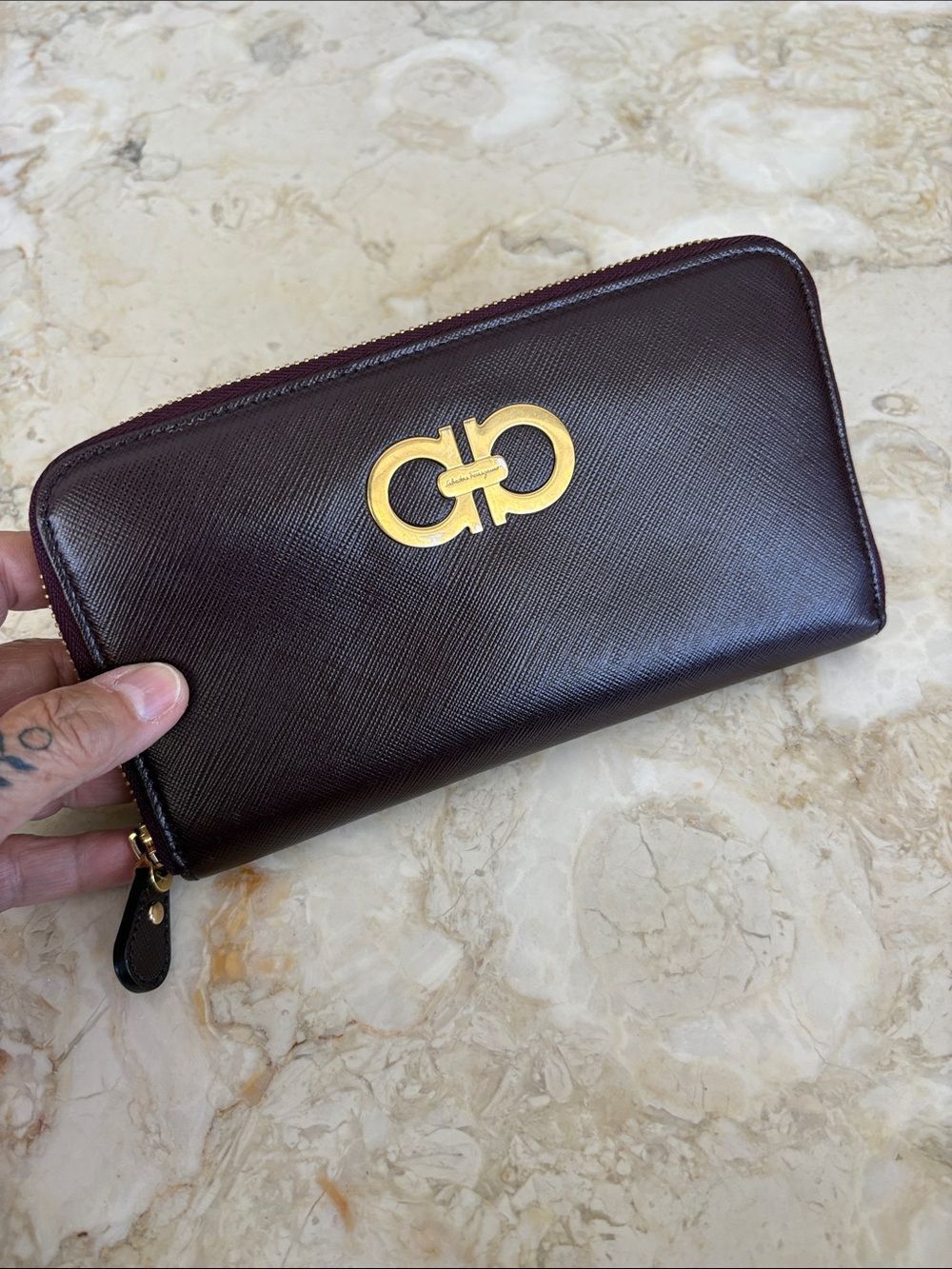 Salvatore Ferragamo Gancini Zip Around Wallet Burgundy Saffiano Leather